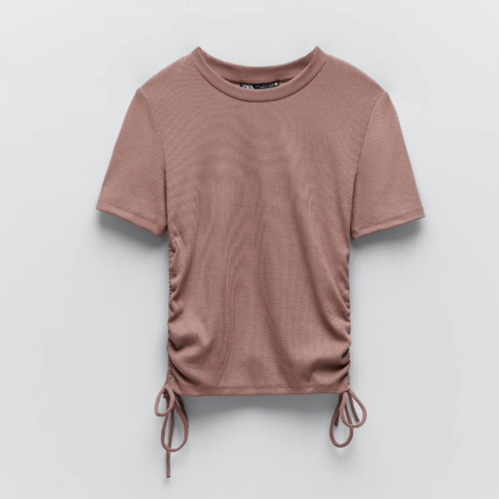 Zara women's dusty rose pink ruched drawstring ribbed top